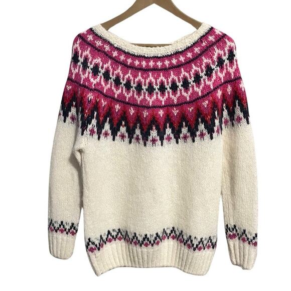 L.O.G.G. H&M Alpaca Fair Isle Sweater Women’s S Ivory Pink Fuzzy Cozy Wool Blend - Picture 1 of 7
